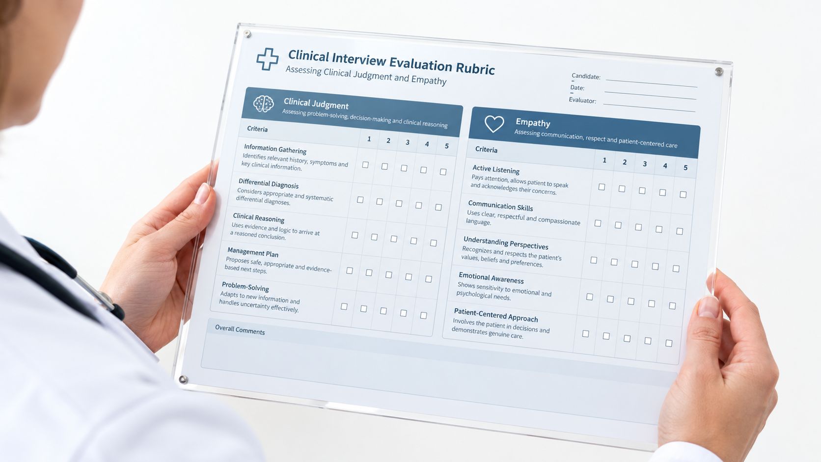 A healthcare professional holding a transparent clipboard displaying a clinical interview evaluation rubric for medical assessment.