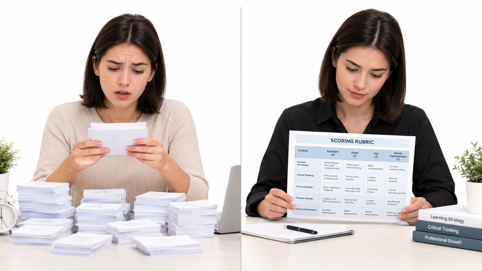 A split image showing a woman overwhelmed by flashcards on the left and analysing a scoring rubric on the right.