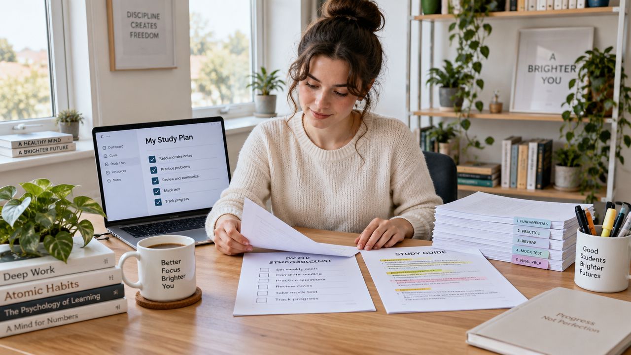 A focused female student studying at her desk with a laptop, organized study materials, and checklists.