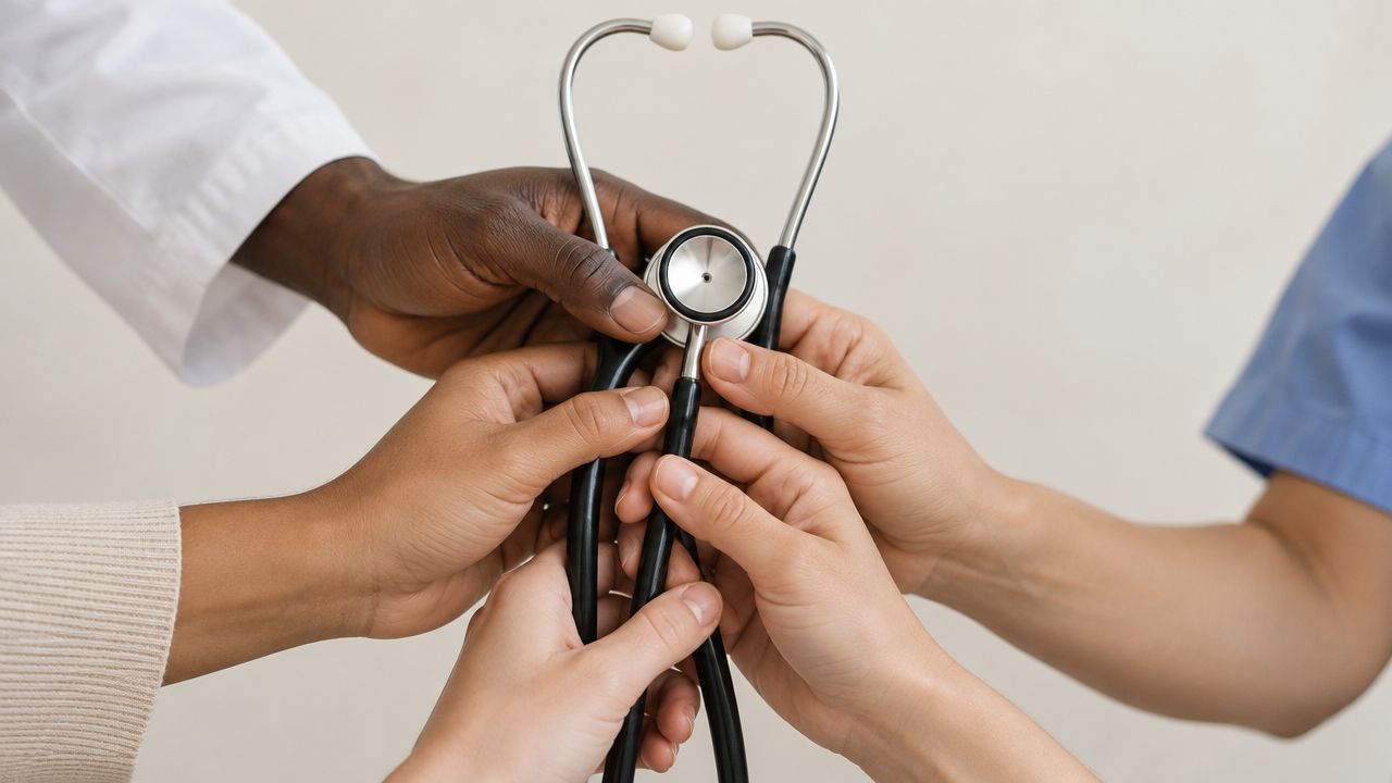 A diverse group of healthcare professionals holding a stethoscope together as a symbol of unity and teamwork.