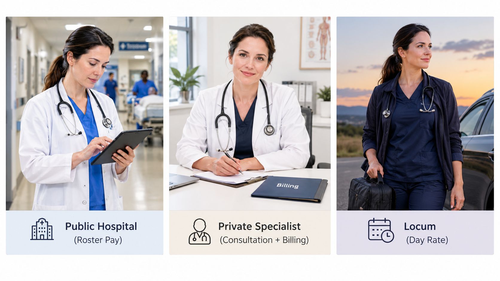 A split image showing a doctor working in three different medical settings: public hospital, private clinic, and locum.