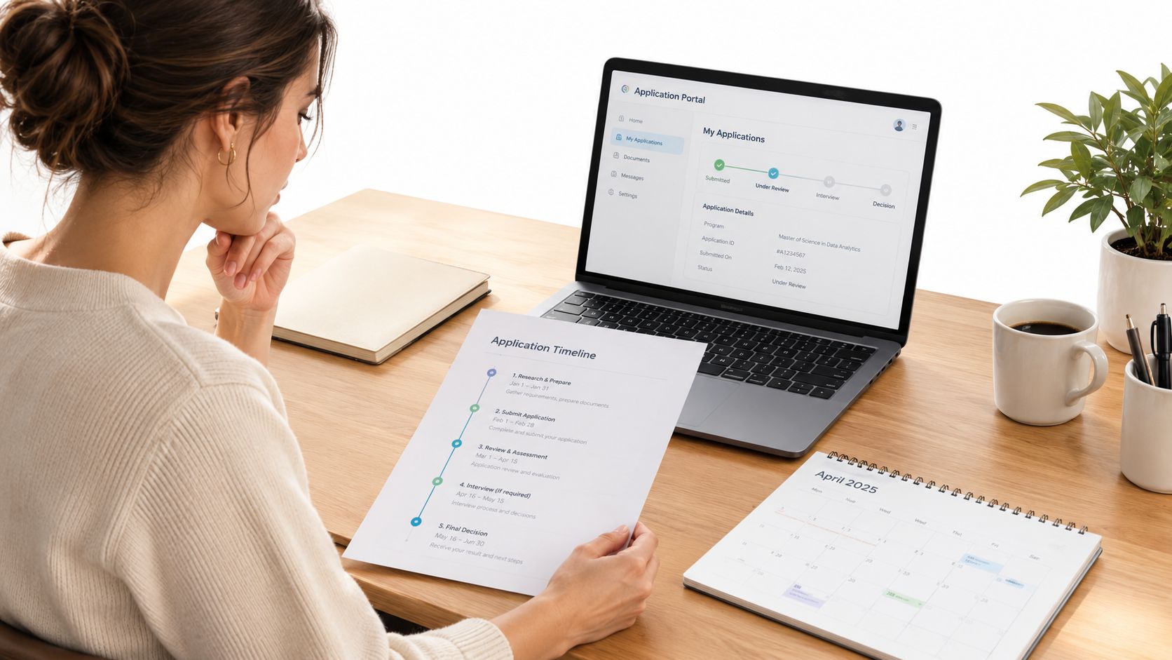 A woman reviewing her university application timeline documents while working at her laptop on a desk.