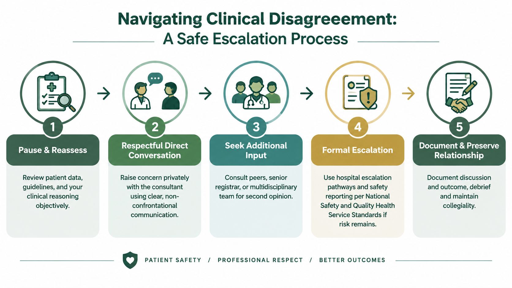 A five-step flowchart illustrating a safe escalation process for navigating clinical disagreements in healthcare settings.