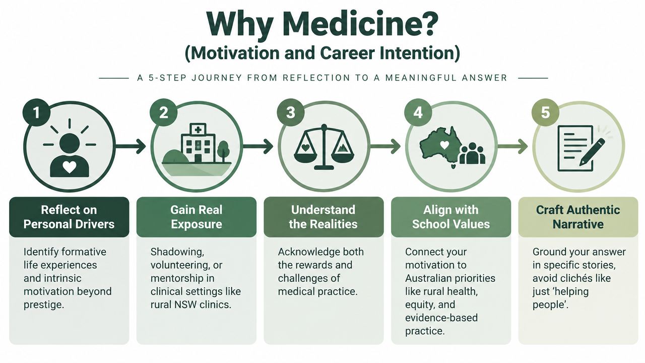 A five-step infographic illustrating a journey from personal reflection to crafting an authentic medical school application narrative.
