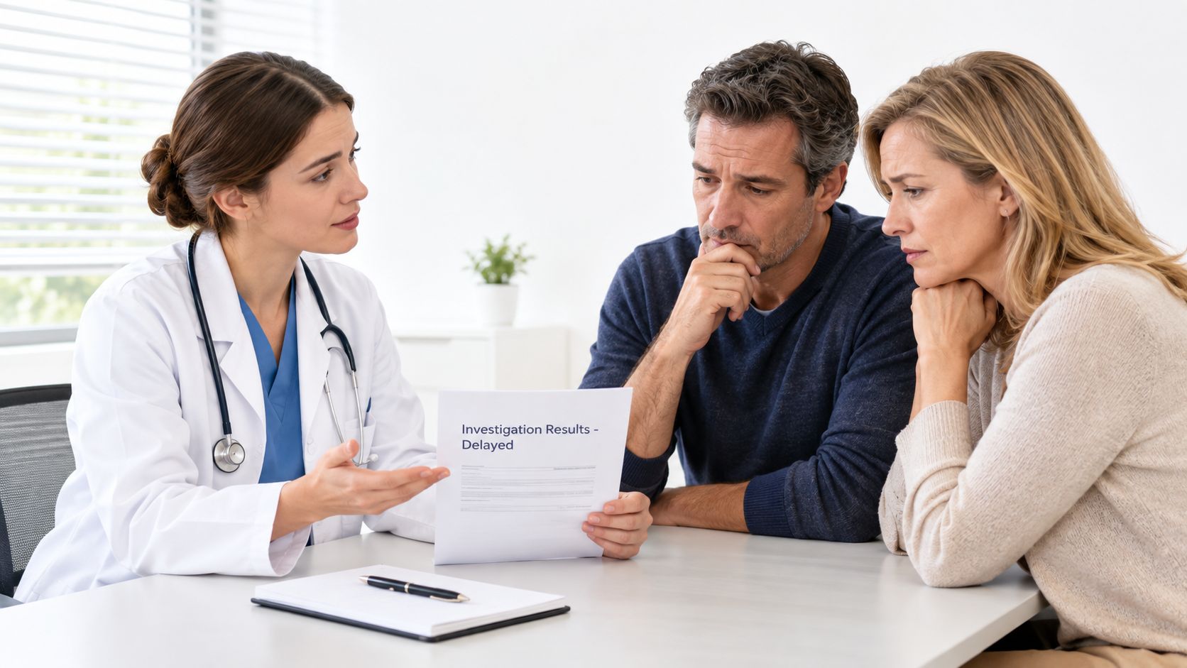 A concerned doctor discussing delayed medical investigation results with a worried middle-aged couple in an office.
