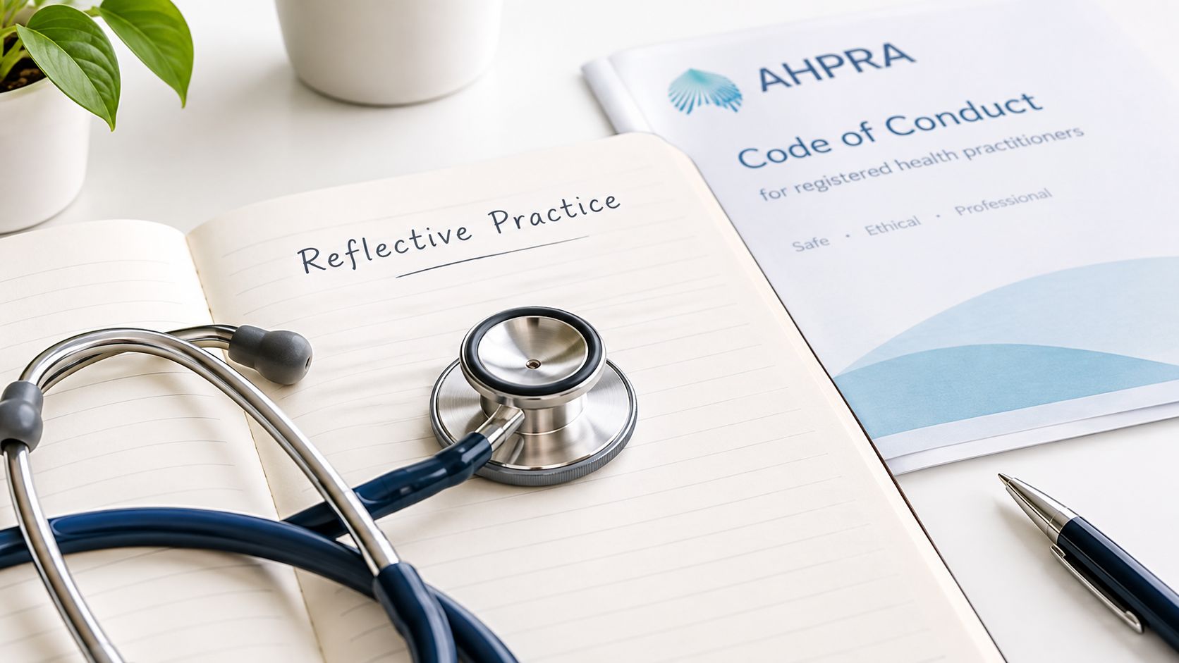 A stethoscope resting on a journal titled Reflective Practice next to a professional conduct document.