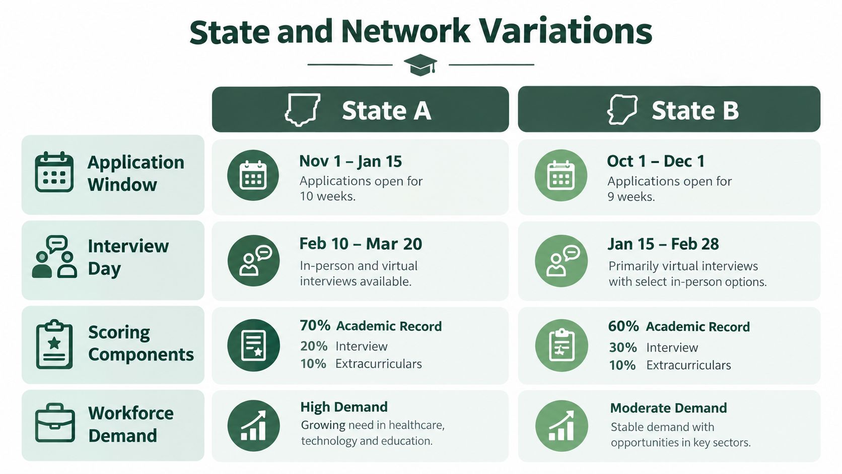 A comparison chart outlining differences in application windows, interview processes, scoring components, and workforce demand for States A and B.