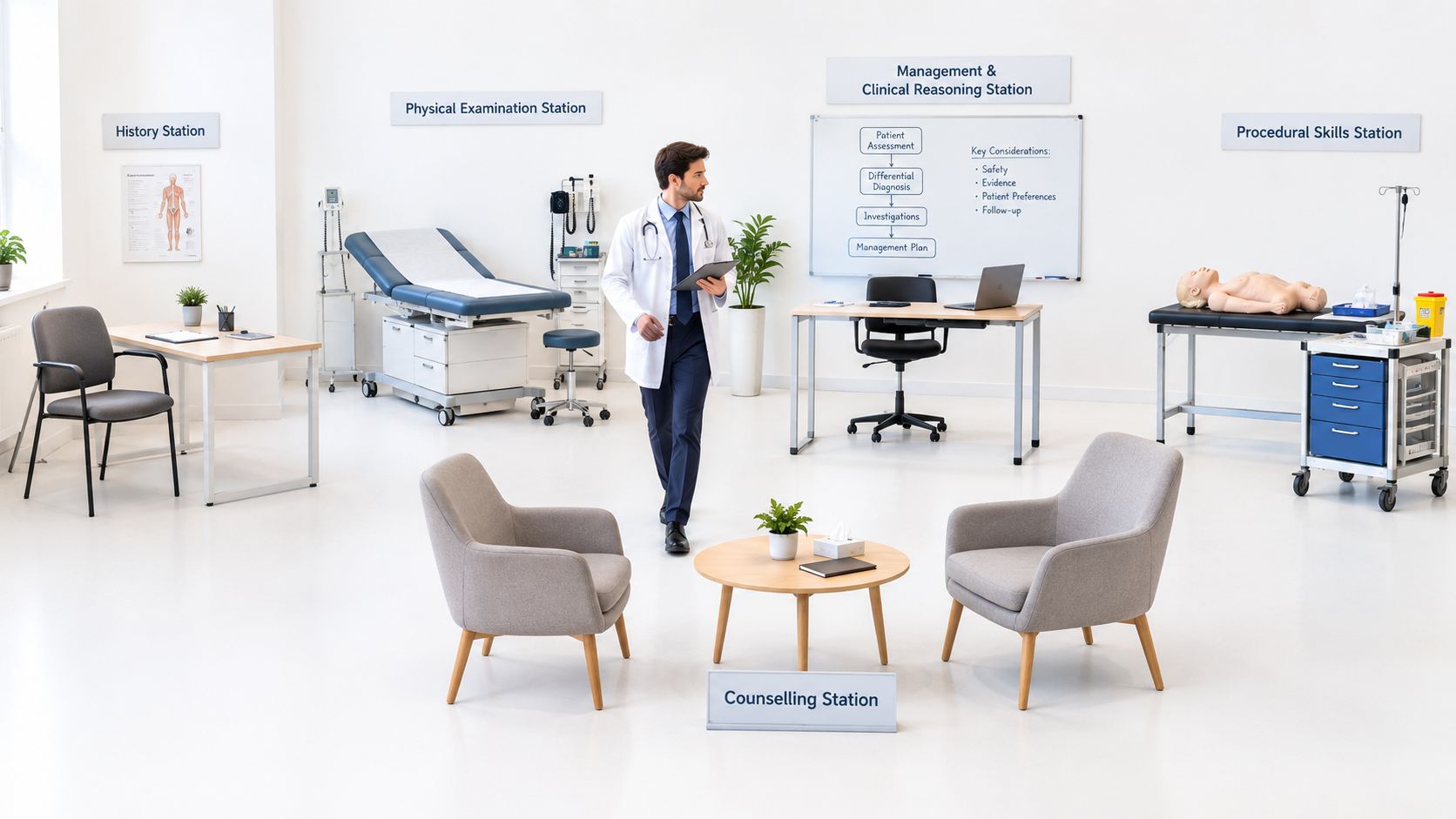 A male doctor walking through a medical training room featuring various stations for clinical exams.