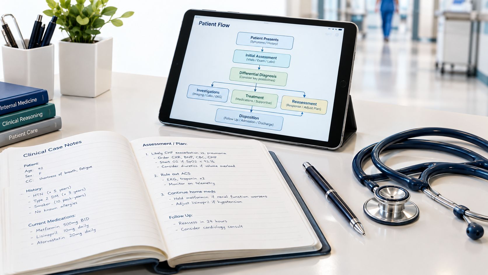 A medical professional workspace with a tablet showing a patient flow chart, clinical notes, and a stethoscope.