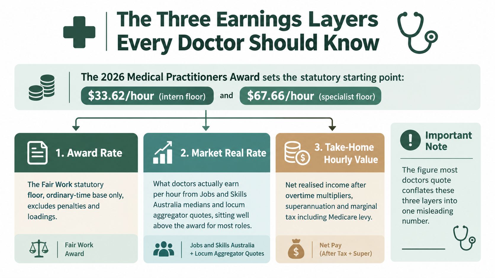 An infographic titled The Three Earnings Layers Every Doctor Should Know, detailing Australian medical salary structures.