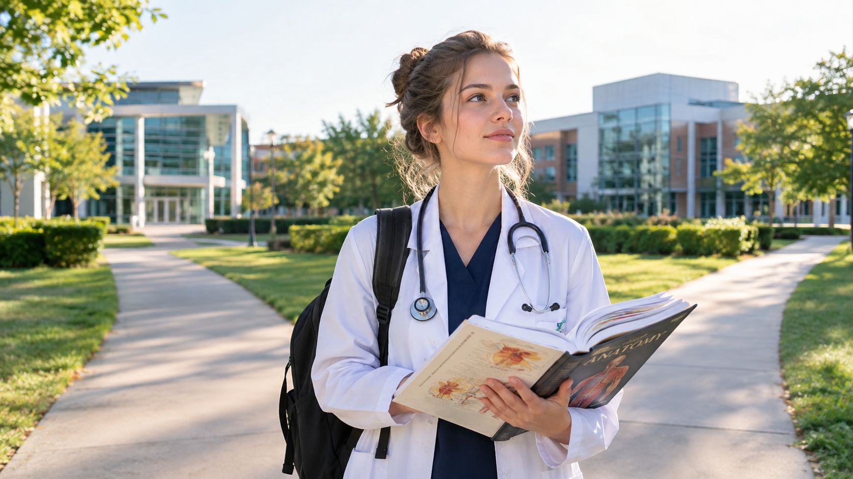 A young female medical student wearing a white coat and holding an anatomy textbook on campus.
