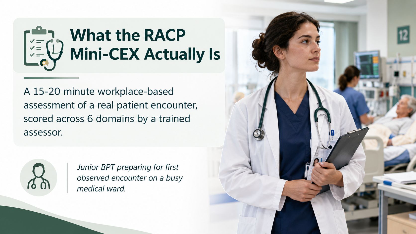 A doctor in a hospital holding a clipboard, presenting information about RACP Mini-CEX clinical assessments.