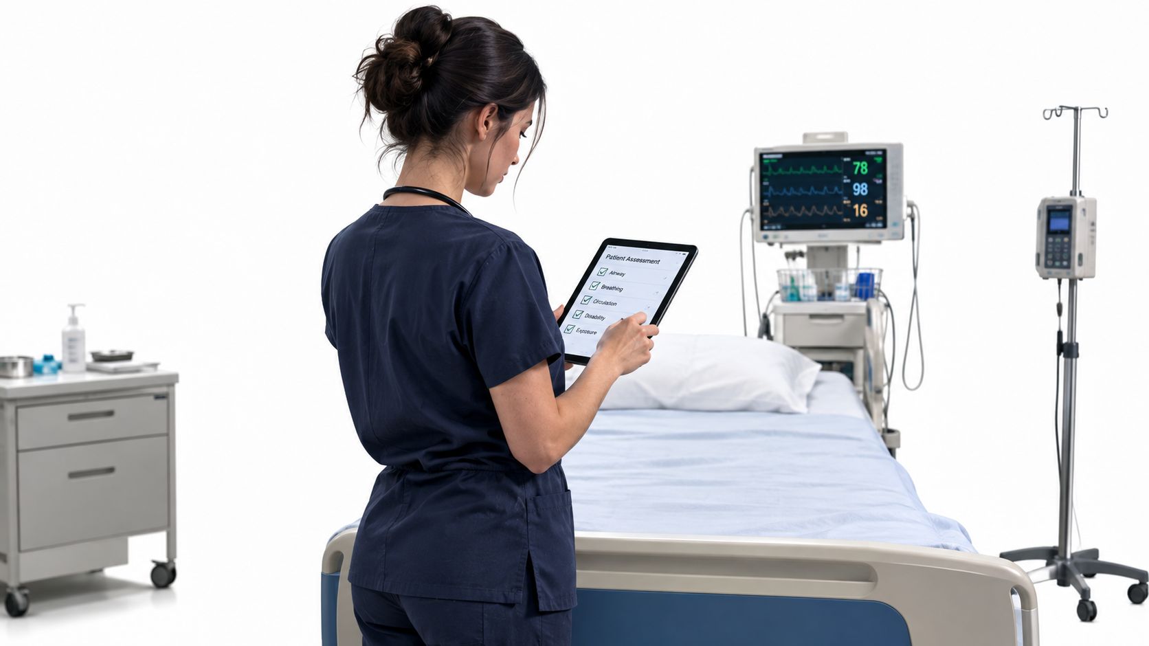 A nurse in navy blue scrubs stands in a hospital room holding a tablet with a patient assessment checklist.