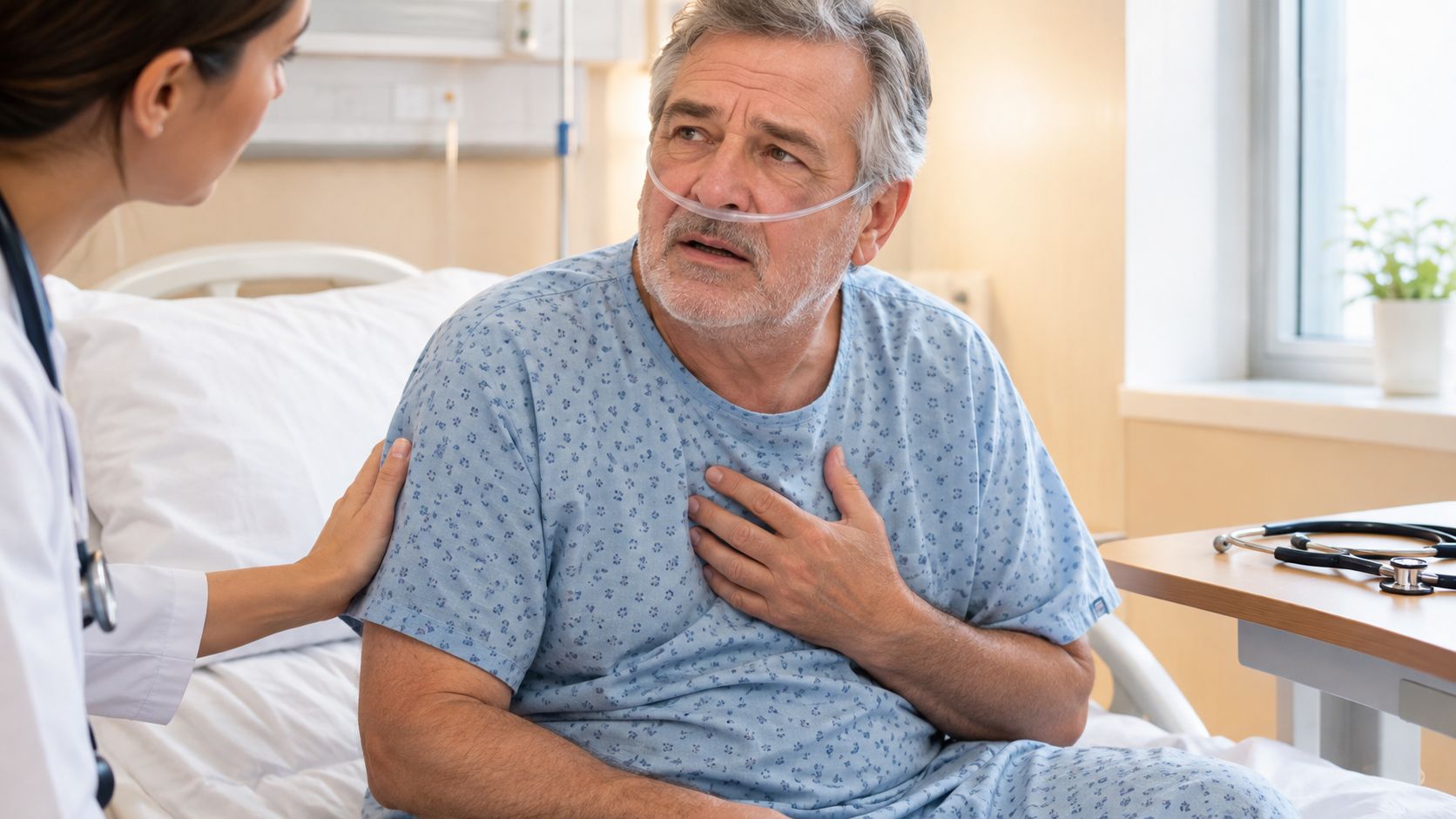 A female doctor comforting an elderly male patient in a hospital bed during a consultation.