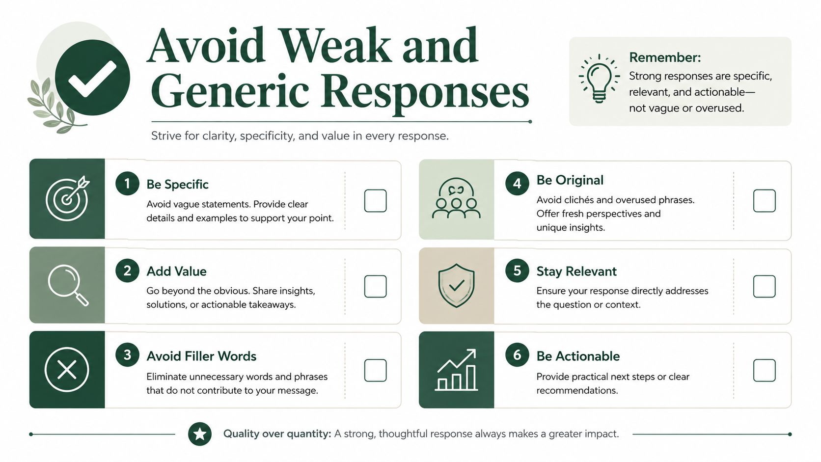 An infographic titled Avoid Weak and Generic Responses listing six tips for creating strong, thoughtful communication.