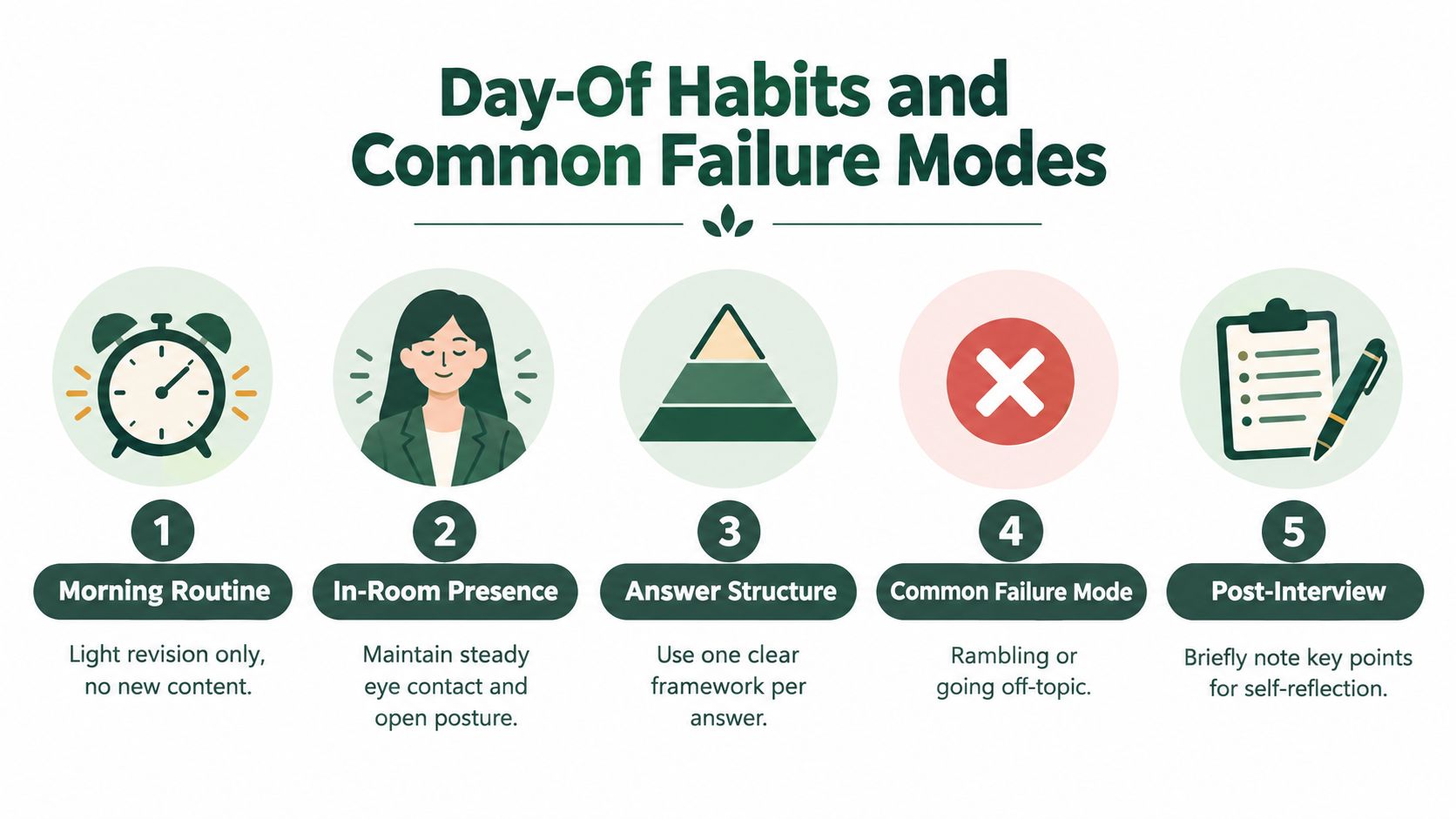 An infographic detailing five essential daily habits and common pitfalls for an internal medicine residency interview.