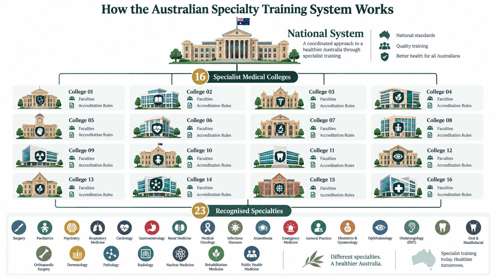 A diagram illustrating the hierarchical structure and coordination of the 16 Australian specialist medical colleges and 23 specialties.