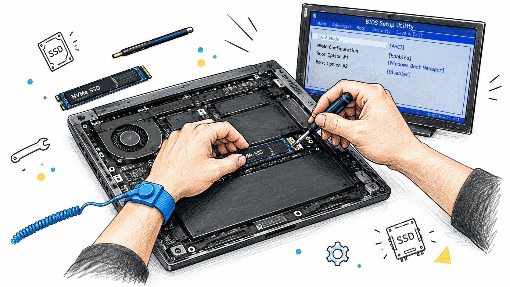 A technician wearing an anti-static wrist strap installing an NVMe SSD into an open laptop computer.