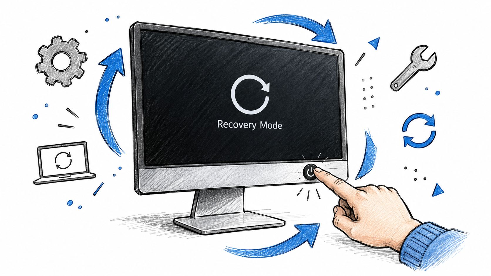 A hand pressing the power button on a computer screen displaying a recovery mode symbol.