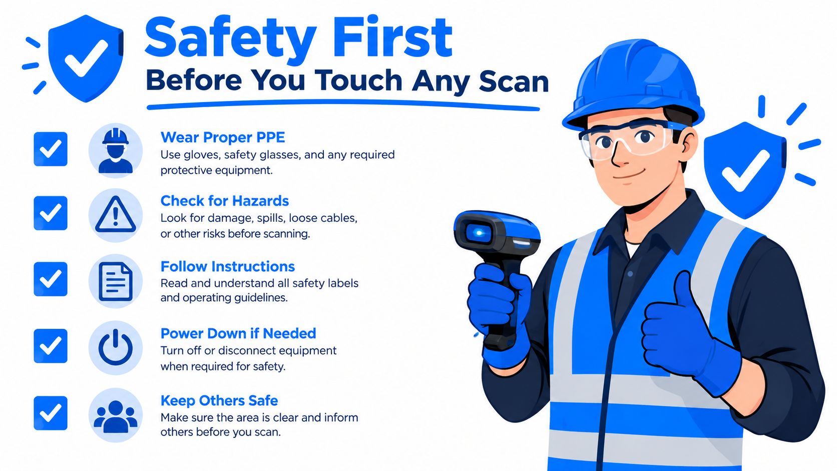 A safety infographic showing a worker using a scanner with five essential safety steps for workplace operation.