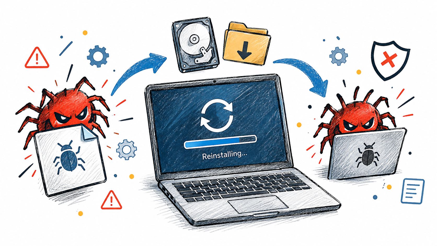 A hand-drawn illustration showing a laptop reinstalling Windows amidst computer viruses and security icons.