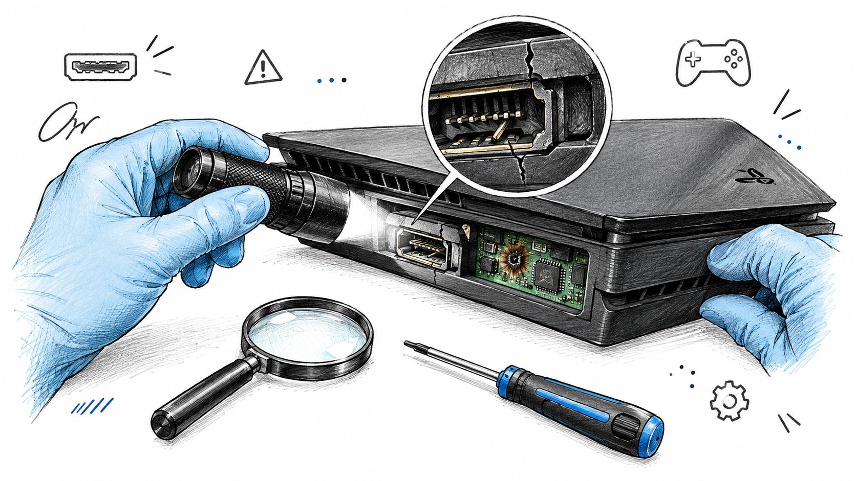 A gloved hand uses a flashlight to inspect a damaged HDMI port on a game console.
