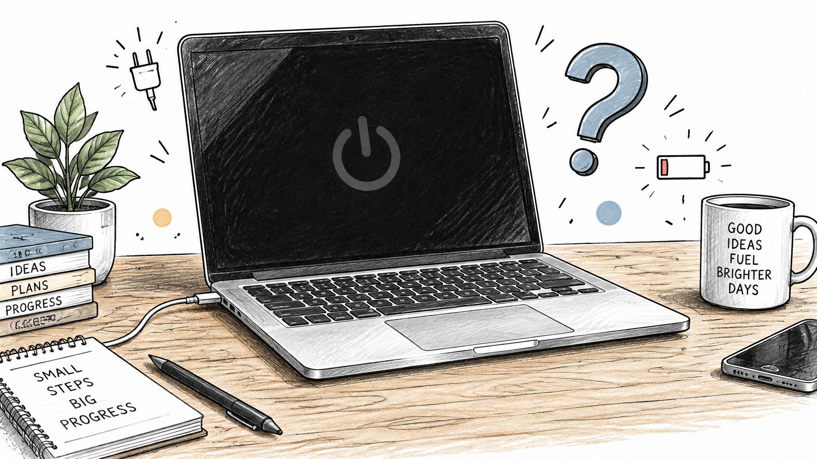 A sketched illustration of a laptop on a desk with a low battery icon and a question mark.