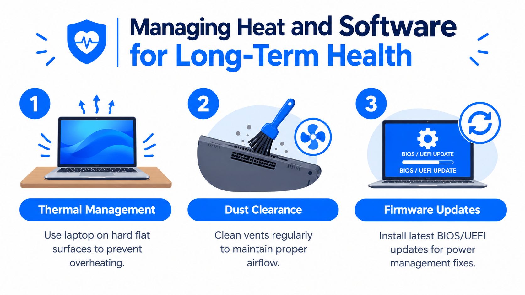 An infographic showing three steps to maintain laptop health through thermal management, dust clearance, and firmware updates.