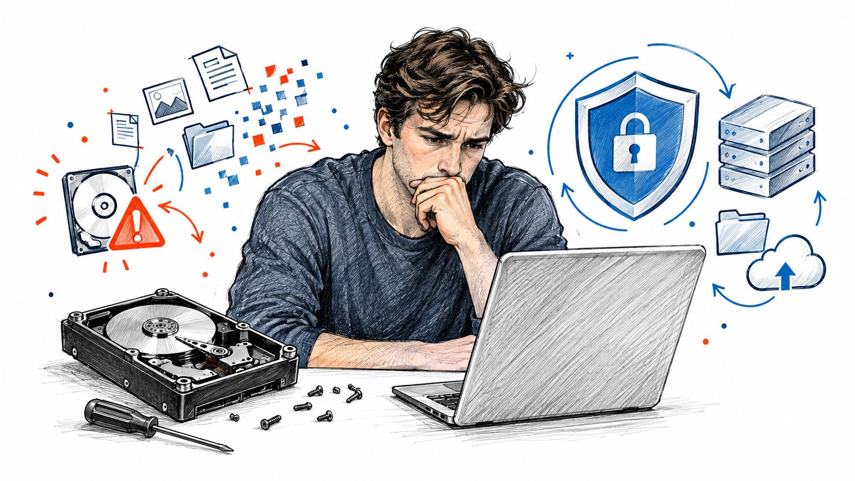 A man looking concerned at his laptop while dealing with hard drive data recovery and security.