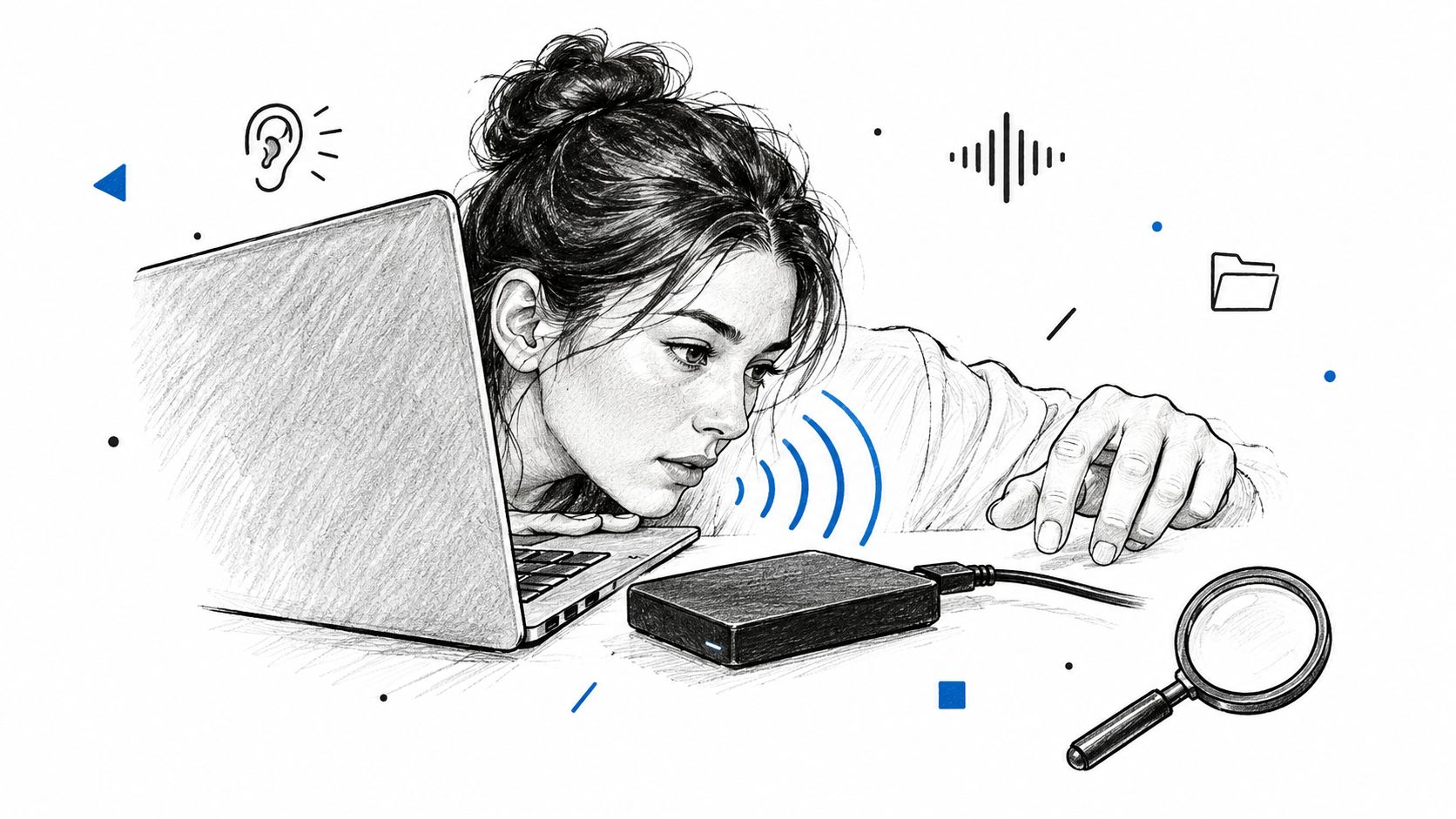 A woman closely examining a hard drive while working on a laptop, illustrating digital data recovery.