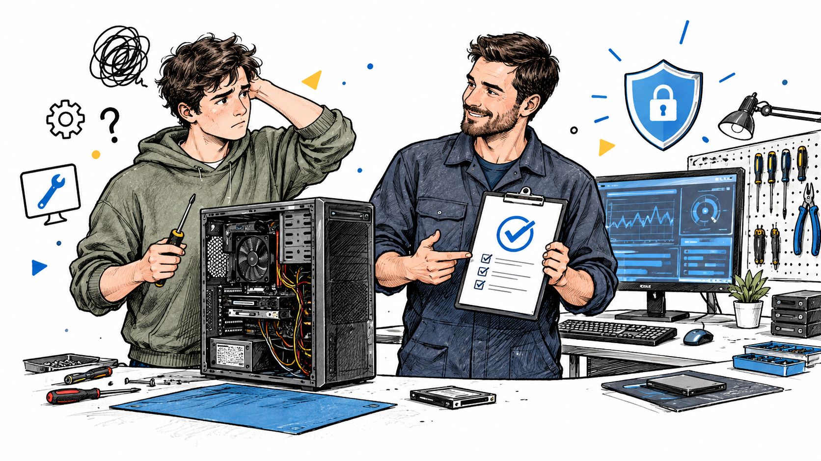 A technician helping a confused student with a computer repair and security upgrade on a desktop PC.