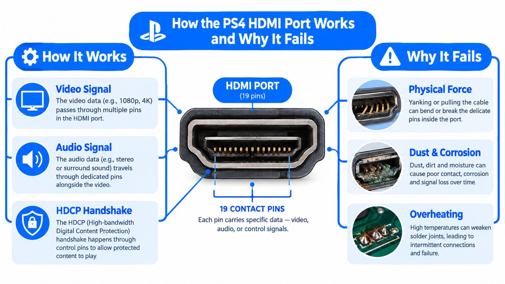 An infographic detailing how a PS4 HDMI port works and the common causes of port failure.