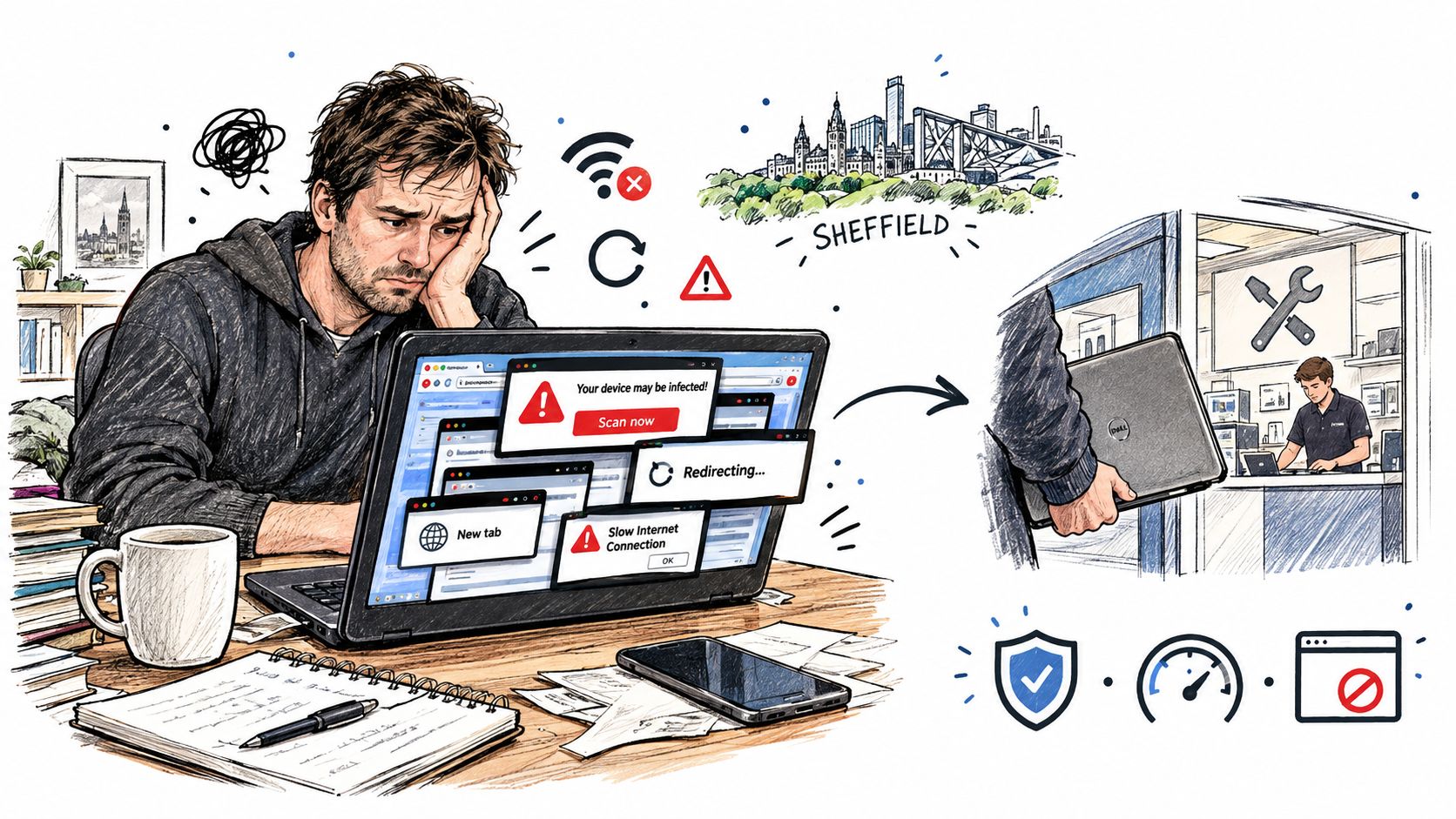 A distressed man with a laptop infected by malware looking for professional computer repair services in Sheffield.