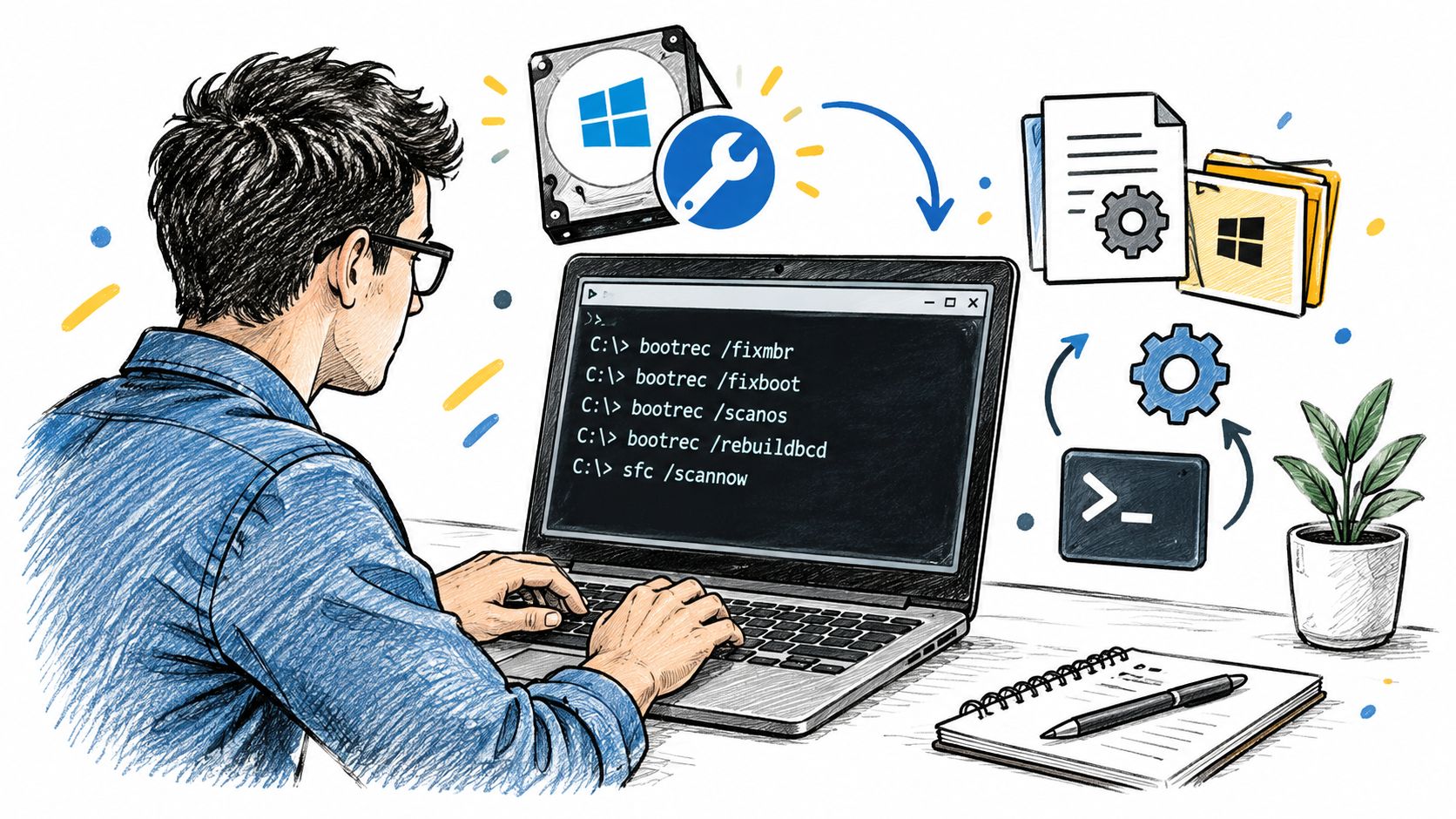 A person sitting at a laptop repairing Windows operating system using command prompt codes on the screen.