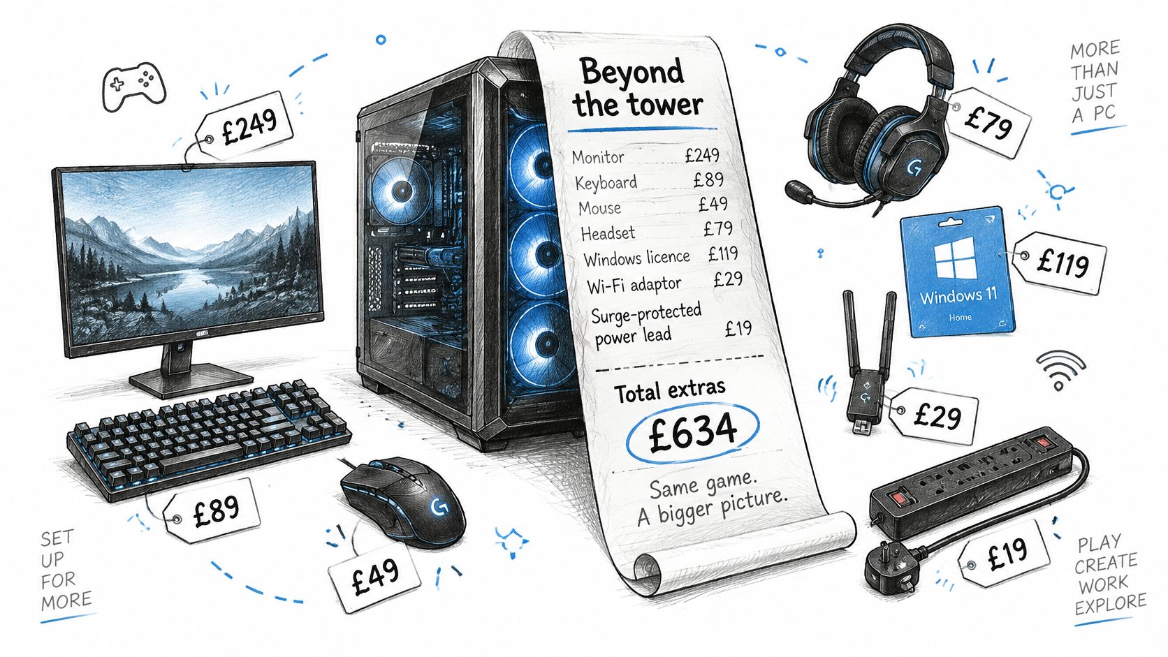 An illustration showing a gaming desktop computer setup along with various necessary peripheral equipment and their prices.