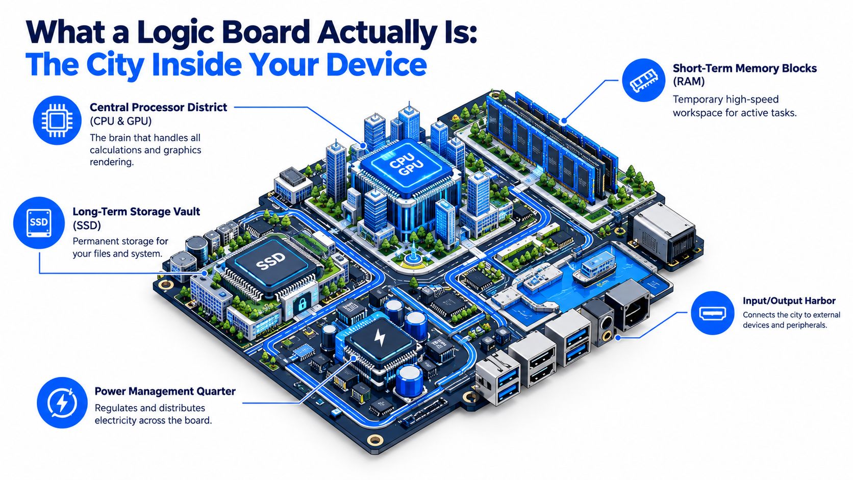 An isometric 3D illustration of a computer logic board designed as a bustling city, featuring CPU, RAM, and SSD.