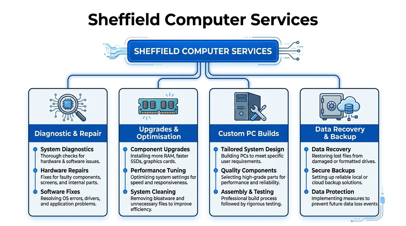 An infographic showing Sheffield Computer Services offering diagnostic, repair, hardware upgrades, custom builds, and data recovery solutions.