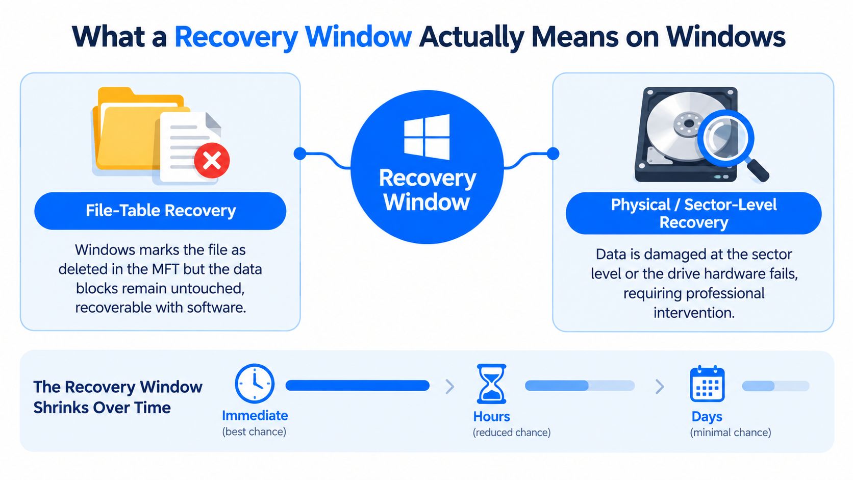 An infographic explaining the recovery window on Windows for file-table and sector-level data restoration scenarios.