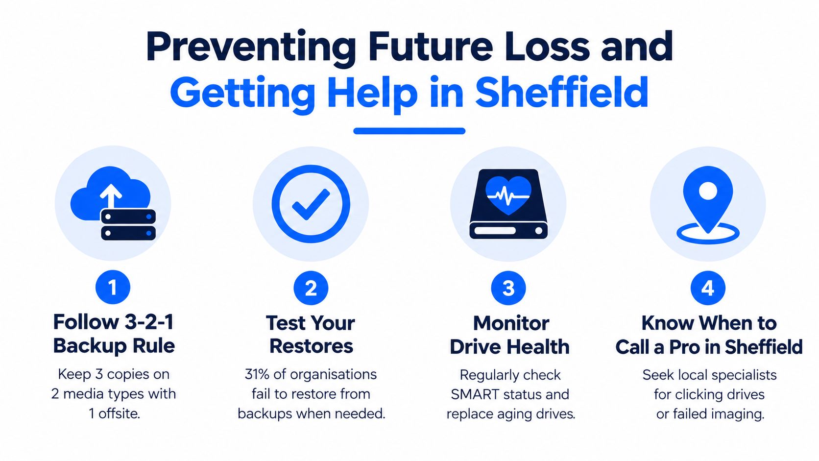 An infographic showing four steps to prevent data loss and get professional help in Sheffield.