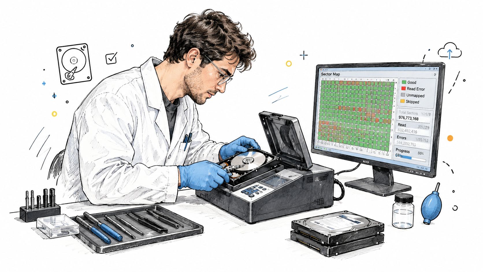 A technician wearing a lab coat and blue gloves repairs a hard drive in a professional laboratory.