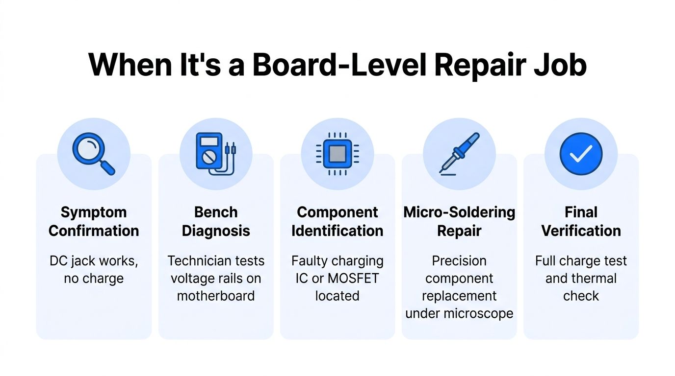 A five-step infographic showing the technical process for diagnosing and fixing a laptop board-level charging issue.