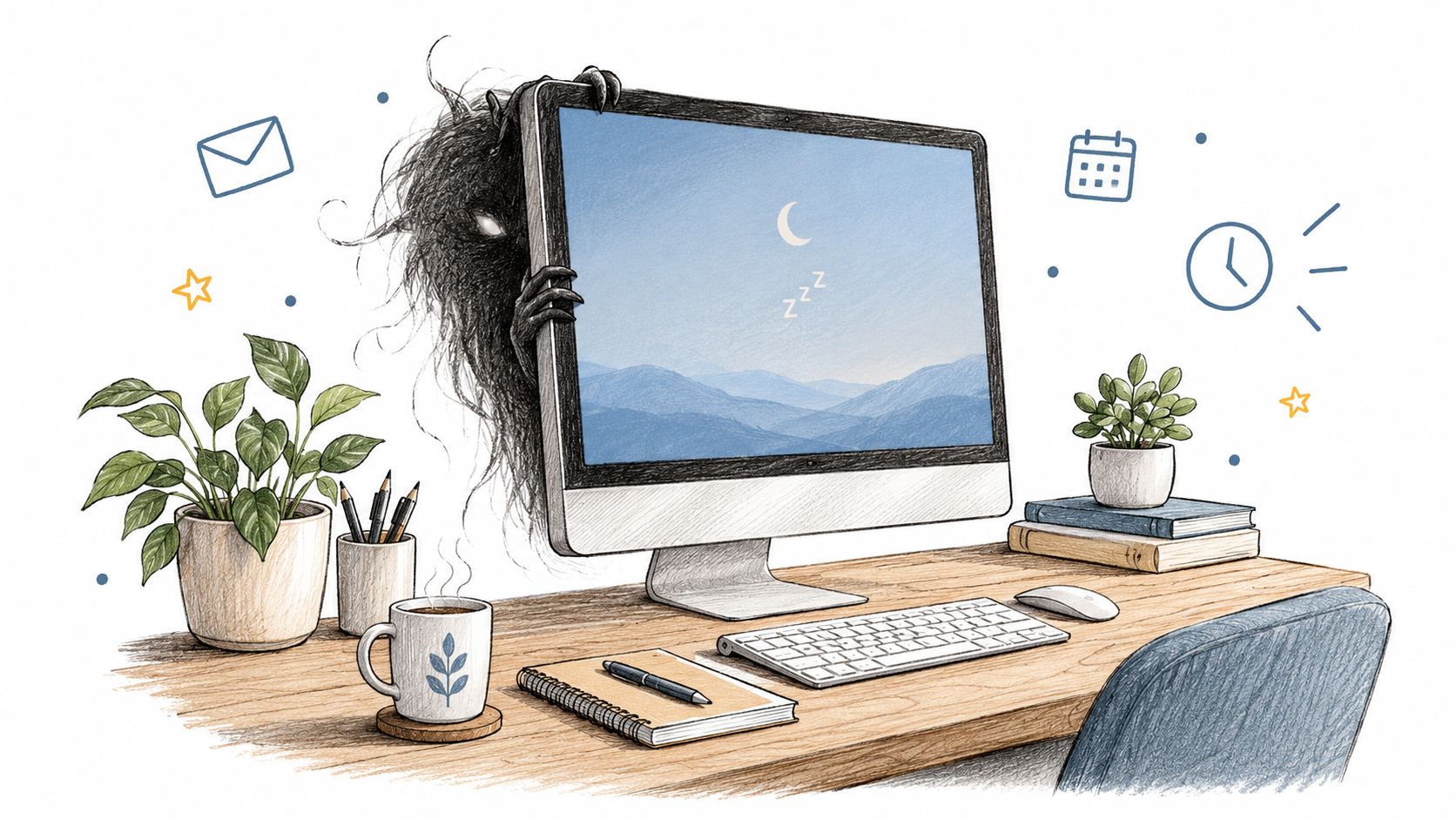 A mysterious dark creature peering from behind a computer screen on a cluttered office desk illustration.