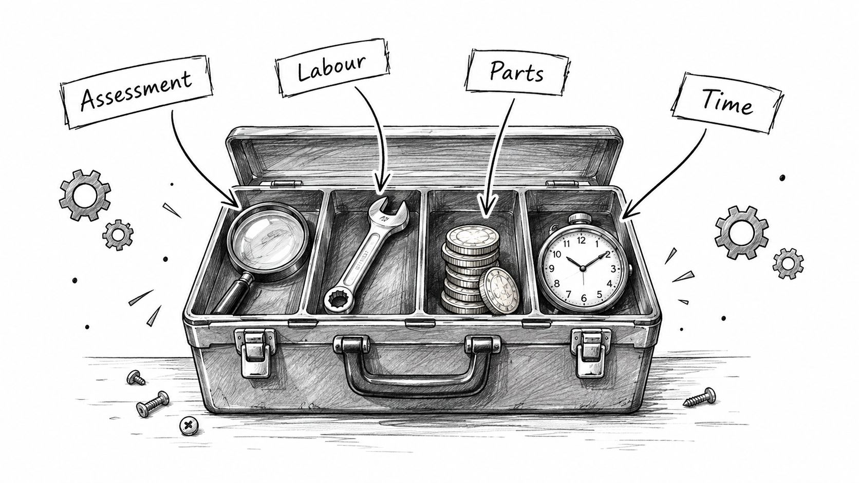 A pencil sketch of a metal toolbox divided into four compartments labeled assessment, labour, parts, and time.