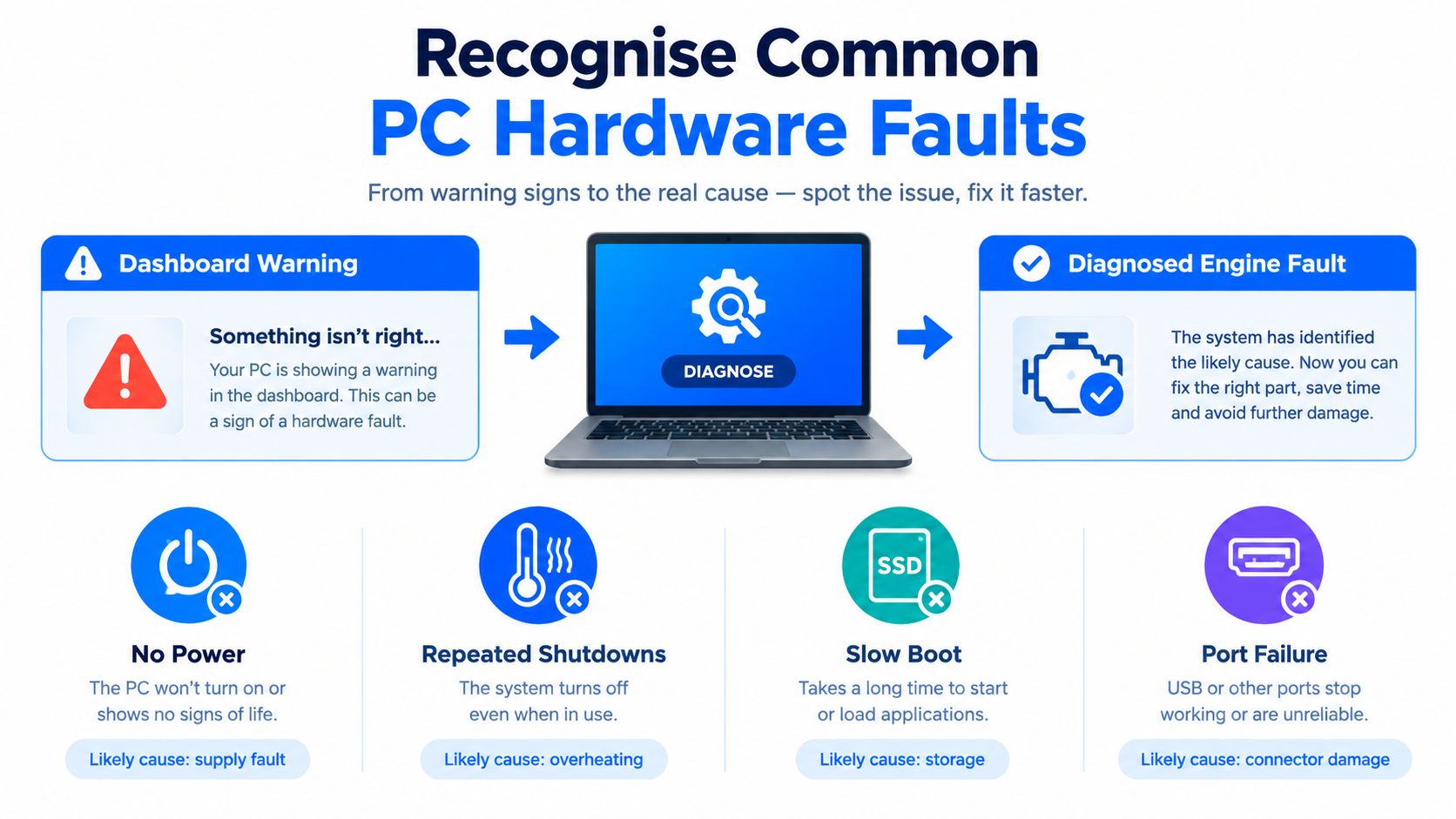 An infographic illustrating how to identify and diagnose common PC hardware faults including power, heat, and connectivity issues.