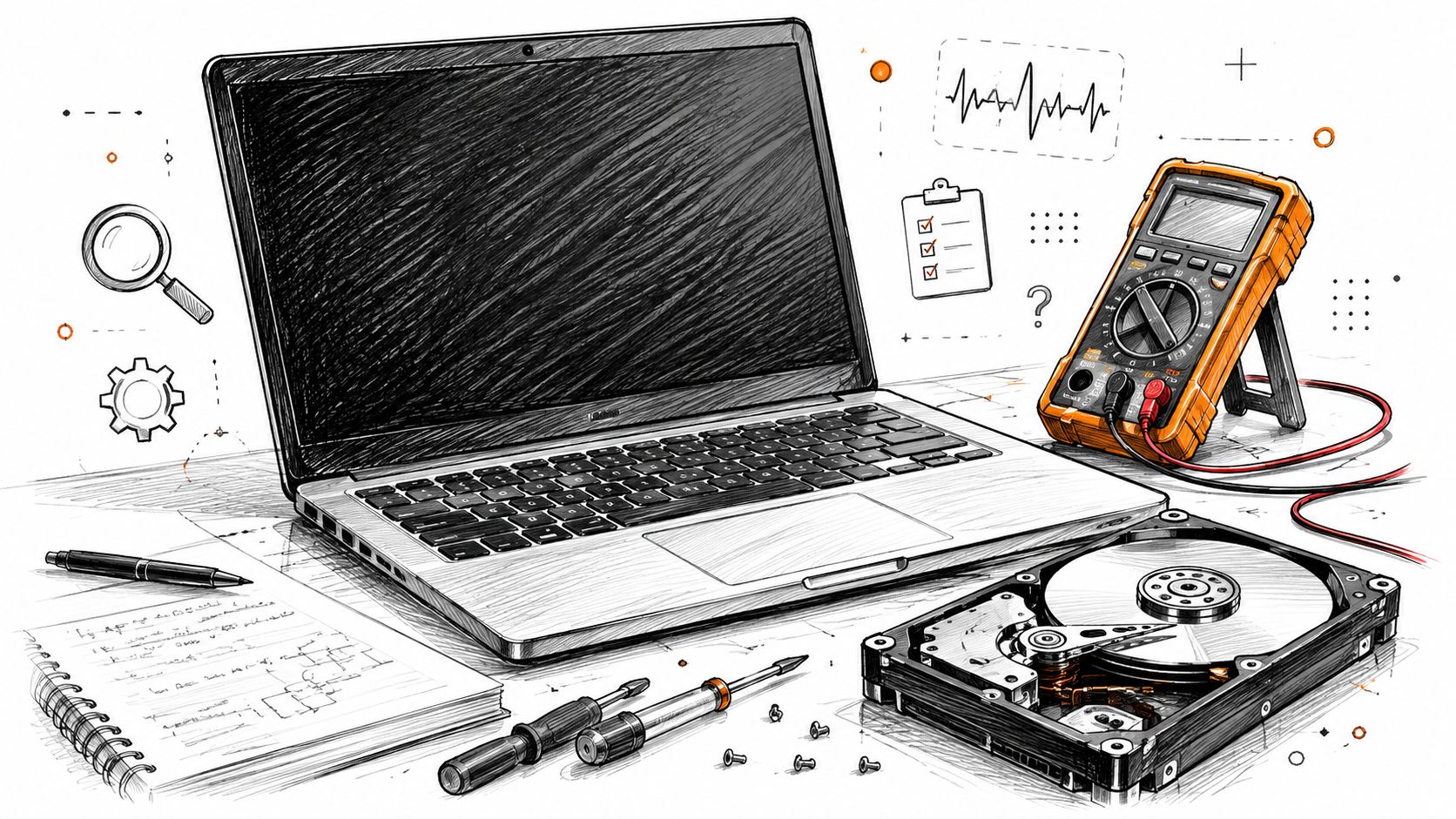 A hand-drawn sketch of a laptop, hard drive, multimeter, and tools on a desk, representing computer repair.