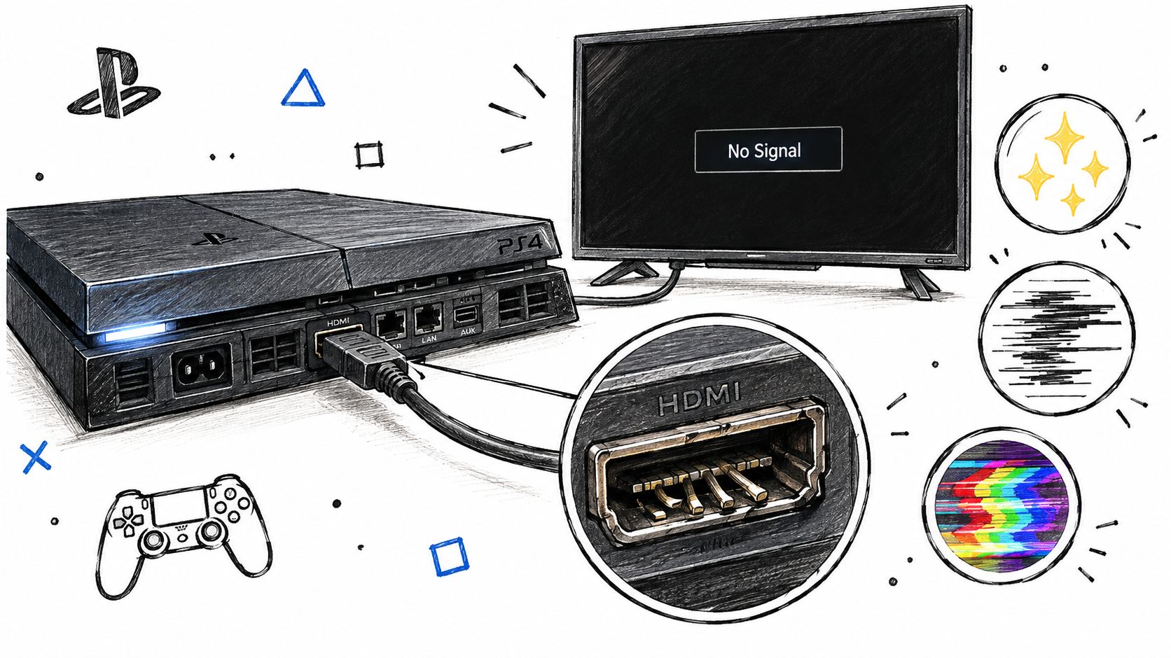 A hand-drawn illustration showing a PS4 console with a damaged HDMI port causing a no signal error.