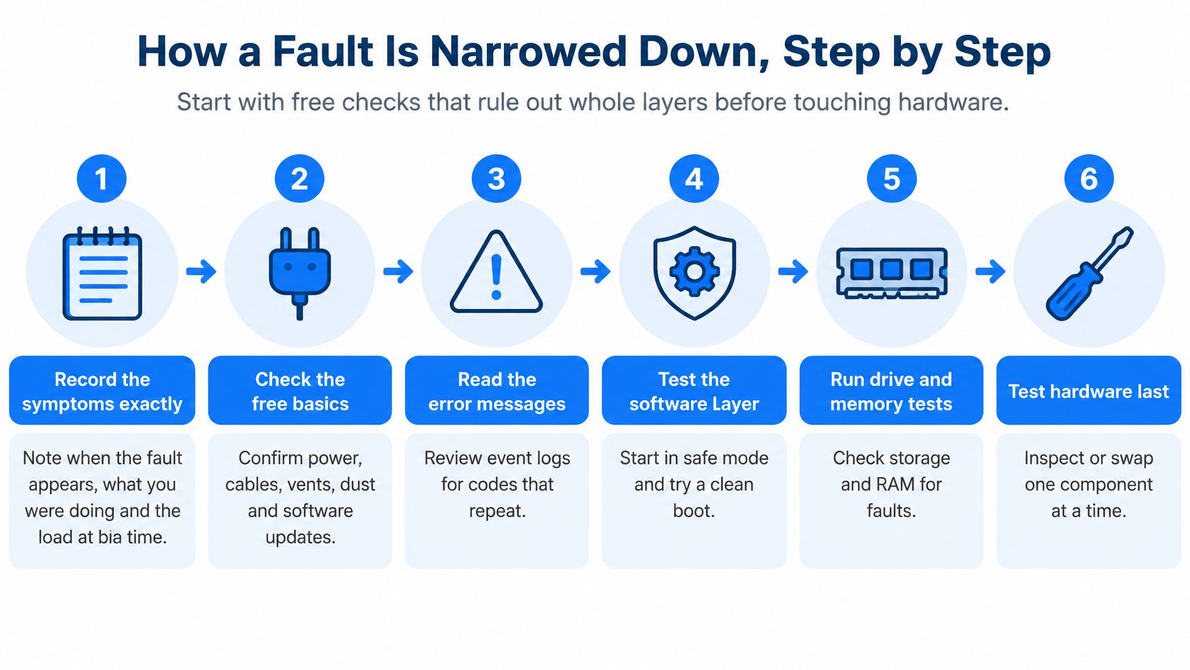 A step-by-step diagram showing six stages to diagnose and resolve a computer system fault.