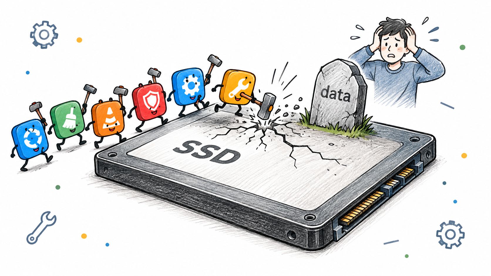 Animated application icons destroying an SSD with hammers as a distressed user watches their data lost.
