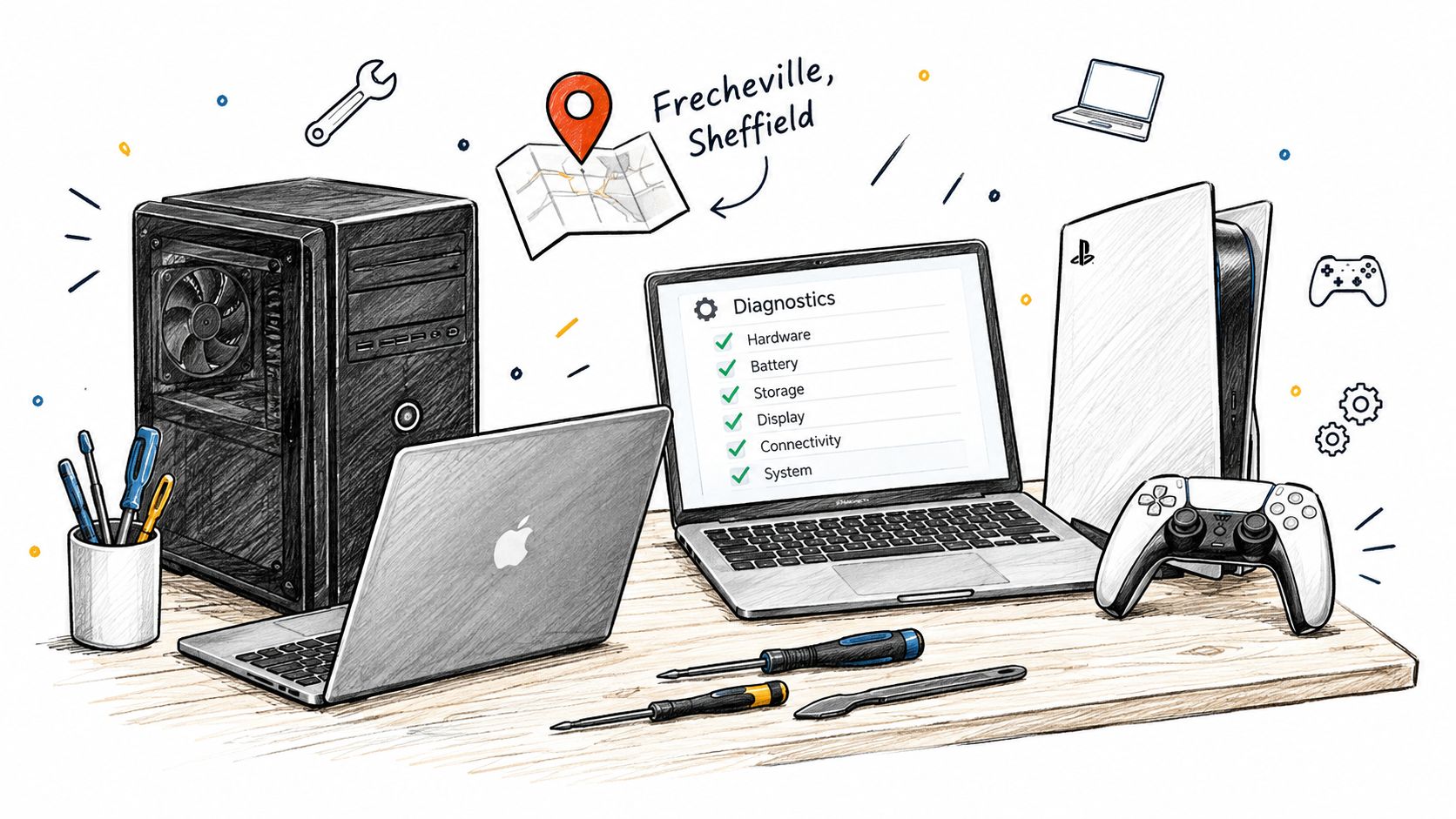 A hand-drawn illustration depicting a computer repair workbench with a desktop, laptop, gaming console, and repair tools.