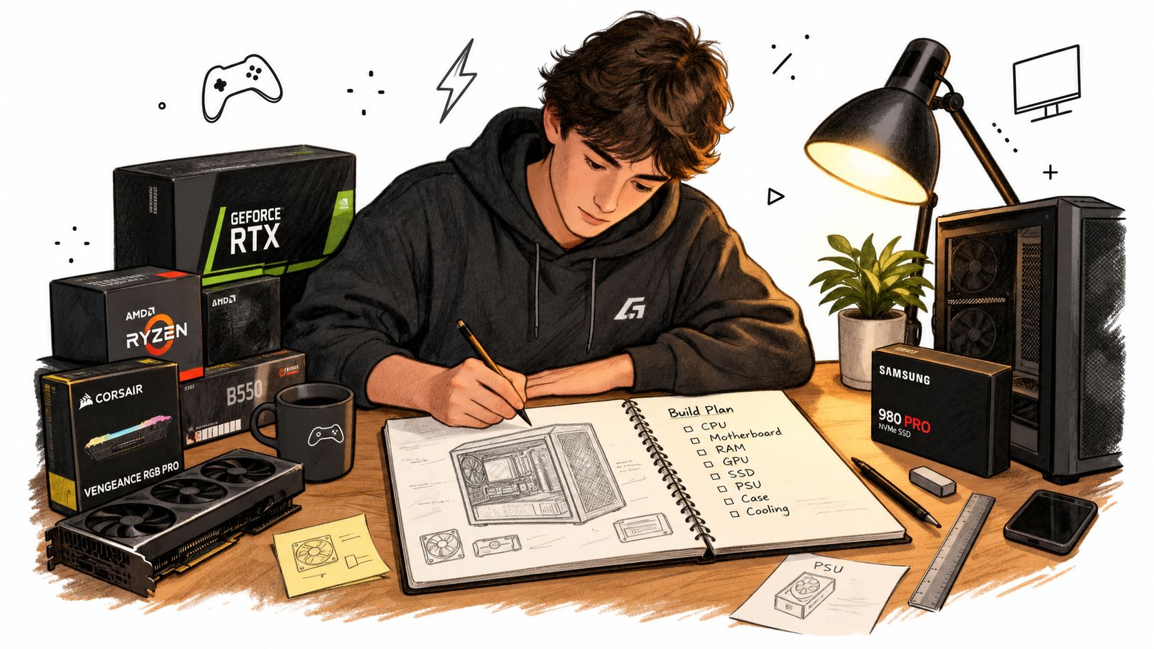 A young man sketching a computer build plan at a desk surrounded by PC hardware components.